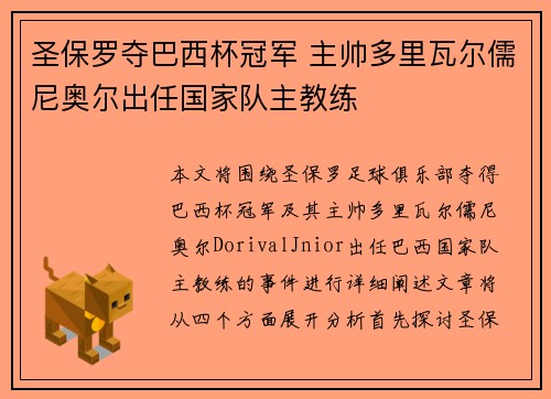 圣保罗夺巴西杯冠军 主帅多里瓦尔儒尼奥尔出任国家队主教练